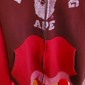 BAPE RED CRAZY CAMO APE HEAD COLLEGE LOGO ZIP UP HOODIE, VINTAGE HEAT LARGE